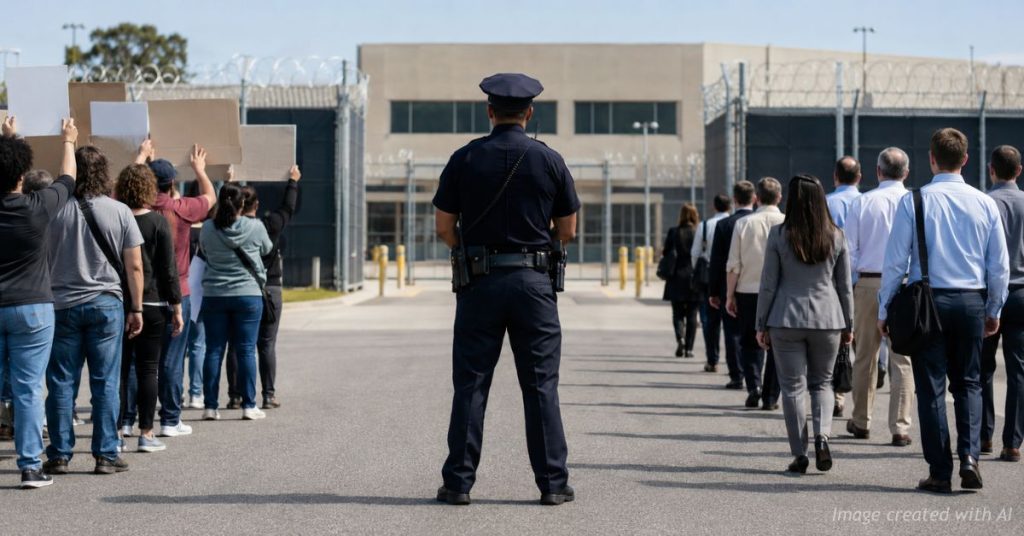 Police standing between protesters and workers representing equal protection.