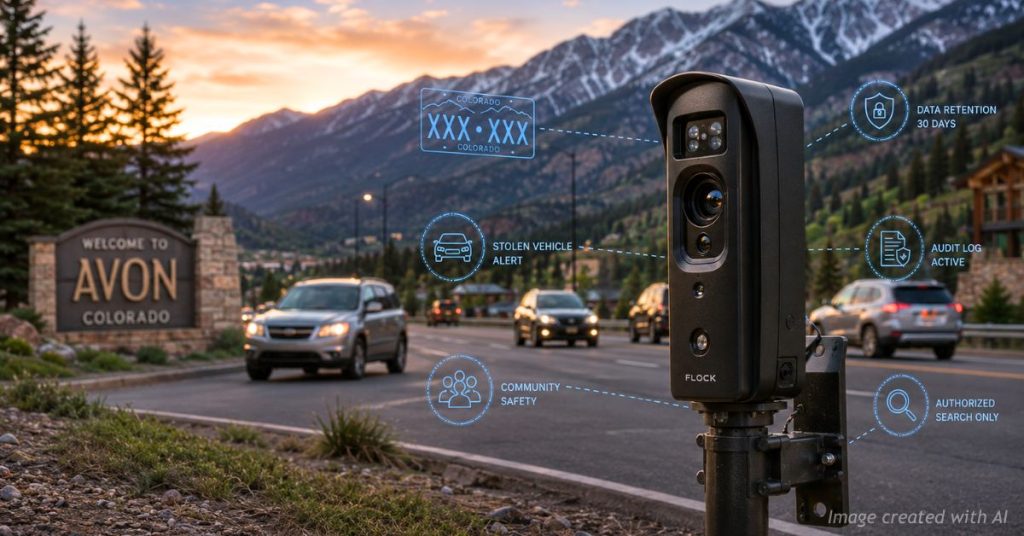 License plate reader overlooking Interstate 70 near Avon with digital security overlays.
