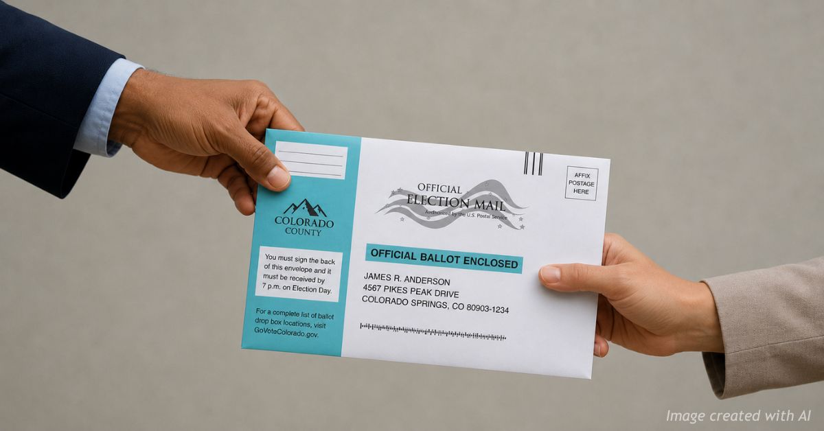 Ballot envelope being handed from a mailbox to an unseen person symbolizes chain of custody.