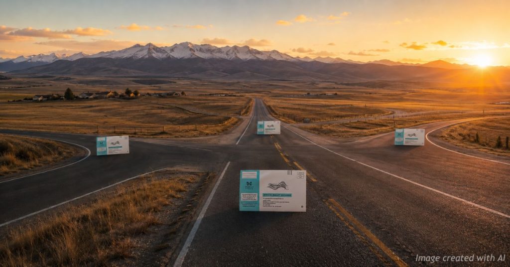 Election envelopes travel down Colorado roads, symbolizing ballots and voter records leaving the state.