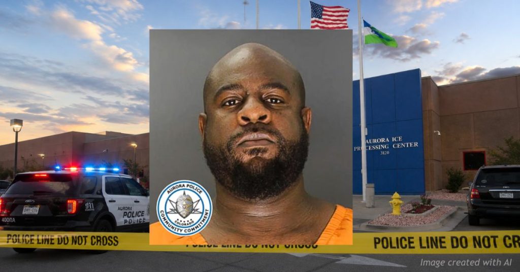 Booking photo of Brandon Booth over the Aurora ICE Processing Center following release of the shooting affidavit.