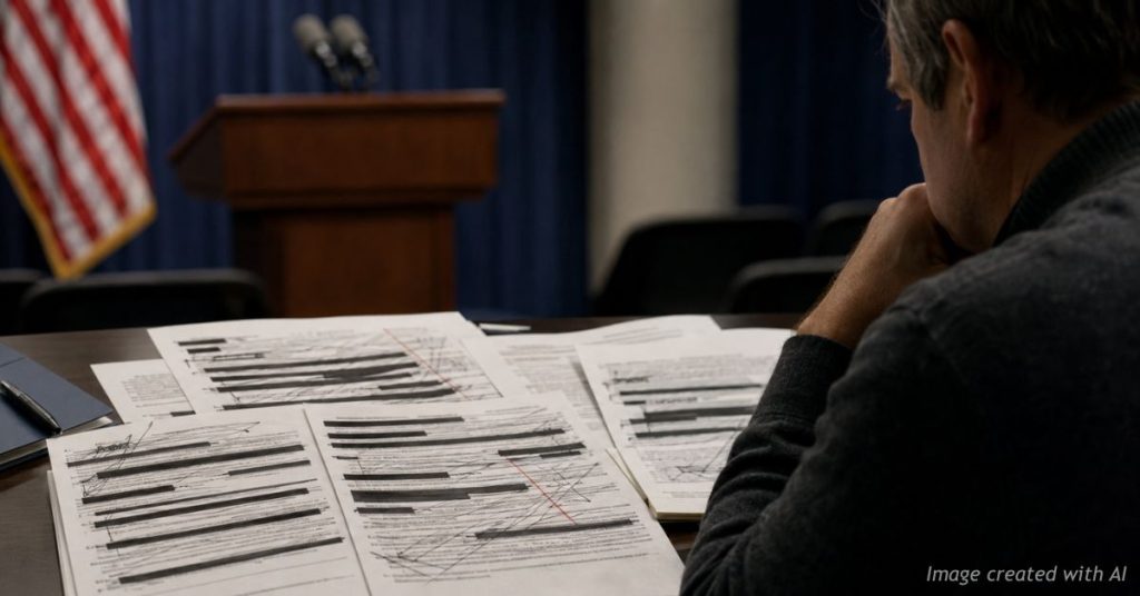 Revised and redacted official statements symbolize changing explanations and lost public trust.