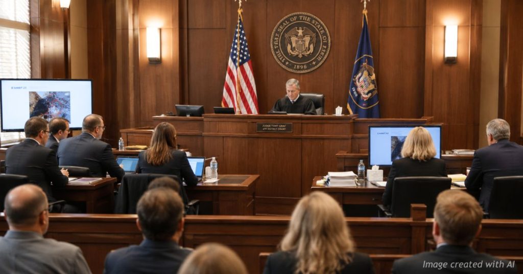 Opening day of the Charlie Kirk assassination preliminary hearing inside a Utah courtroom.