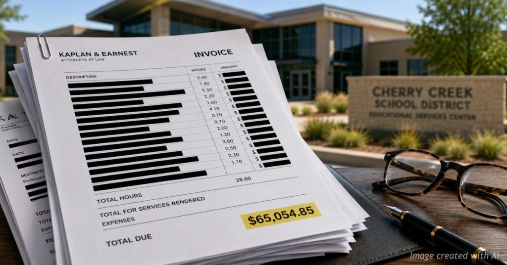 Redacted legal invoices showing a visible $65,054.85 total with a school district office blurred in the background.