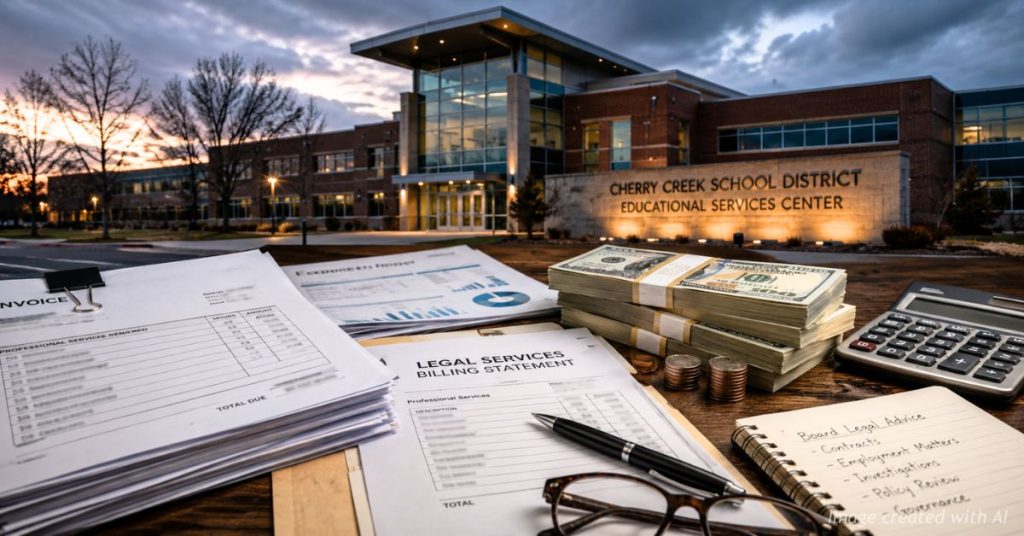 Cherry Creek School District headquarters with legal invoices and taxpayer money representing outside legal spending.
