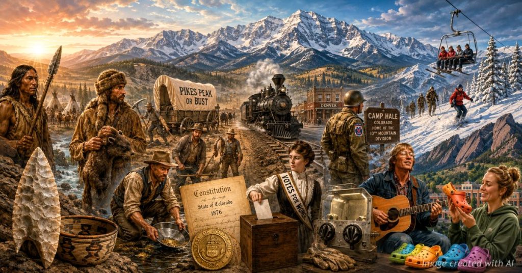 Illustration showing Colorado's evolution from Indigenous history and the Gold Rush to skiing, music and modern innovation.