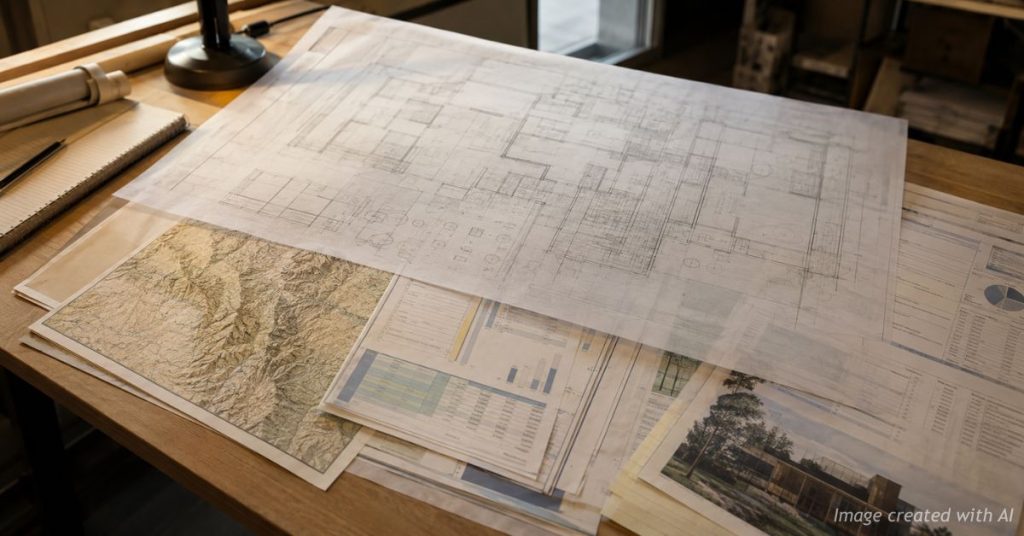 Blueprints and development plans representing public financing behind affordable housing.