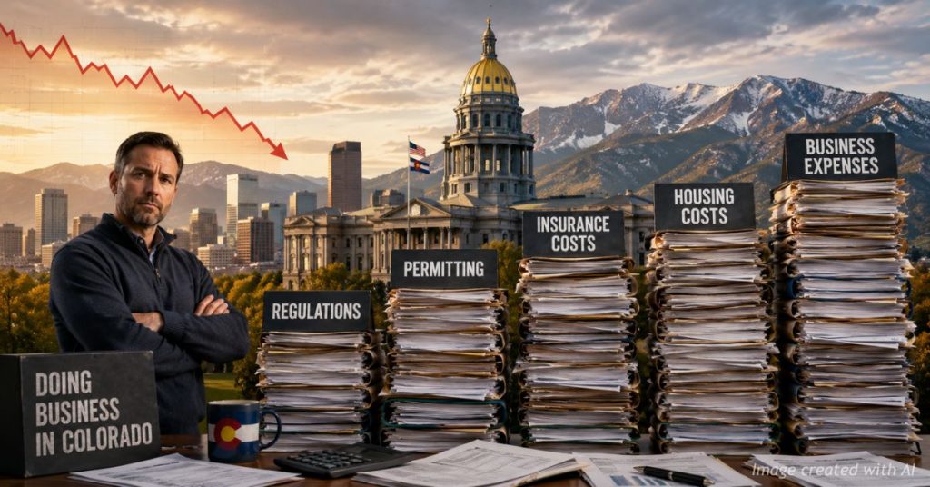 Colorado business owner facing rising costs and regulatory burdens in front of the State Capitol.