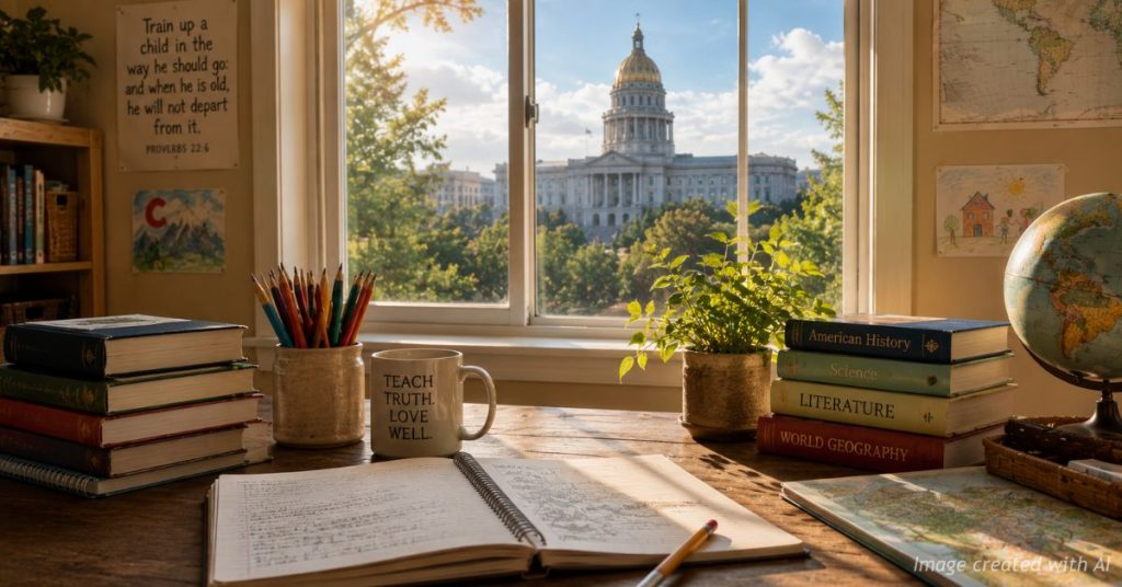 Homeschool classroom overlooking the Colorado State Capitol, symbolizing the connection between education and state policy.