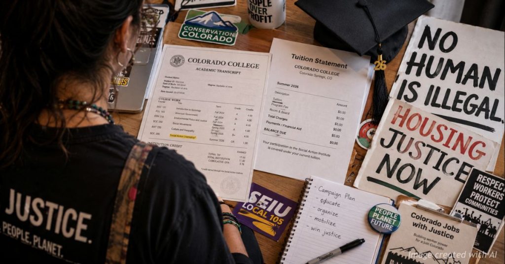 Colorado College student reviews tuition and transcript beside protest materials in an editorial illustration.