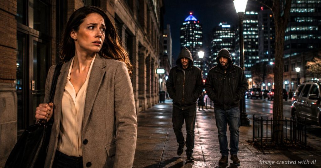 Professional woman looks back nervously while two suspicious men follow her on a downtown Denver sidewalk at night.