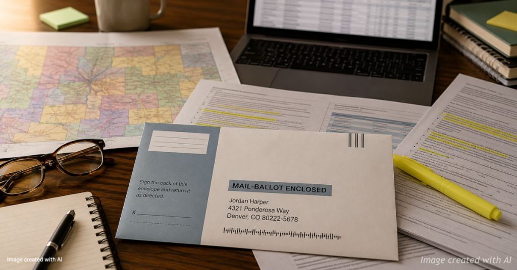 Election planning documents, ballot envelope and office materials arranged on a desk representing Colorado election officials reviewing new federal requirements.