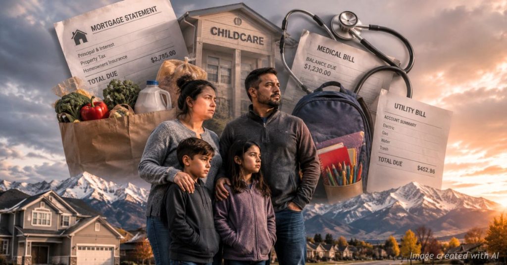 Colorado family surrounded by symbols of rising housing, childcare and healthcare costs.