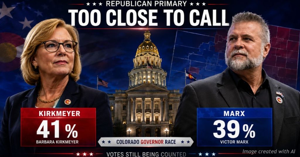 Barbara Kirkmeyer and Victor Marx shown beside the Colorado Capitol during a close Republican governor primary.