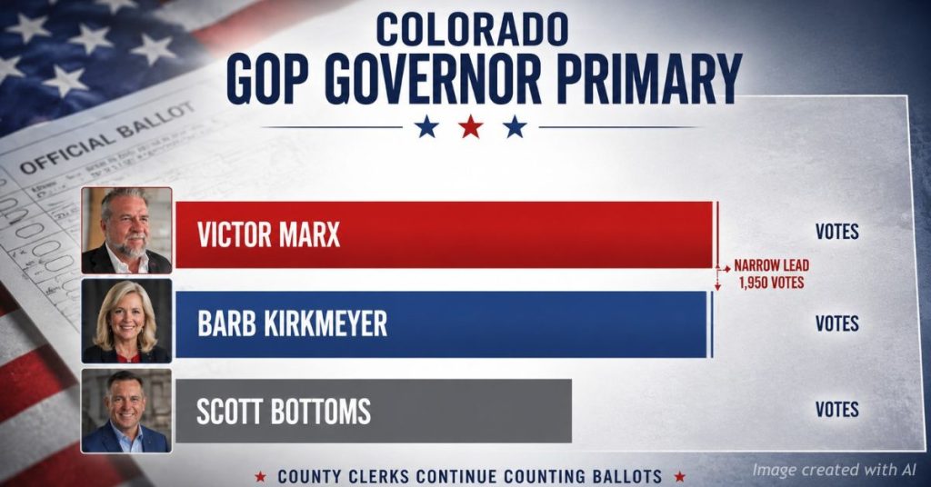 Editorial graphic showing Victor Marx holding a narrow lead over Barb Kirkmeyer in Colorado's Republican gubernatorial primary.
