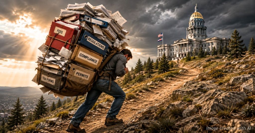 Colorado resident carrying heavy government paperwork toward the State Capitol.