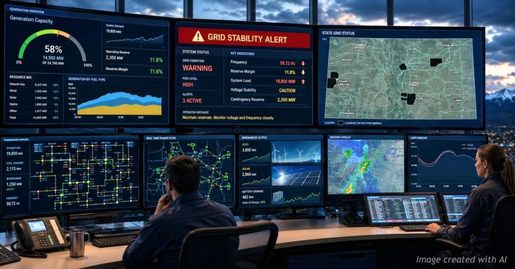 Utility operators monitor Colorado's electric grid as control room displays show stability alerts and localized service outages.