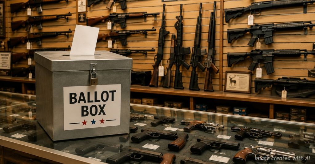 Ballot box displayed in front of firearms inside a Colorado gun store, symbolizing the political impact of gun laws.