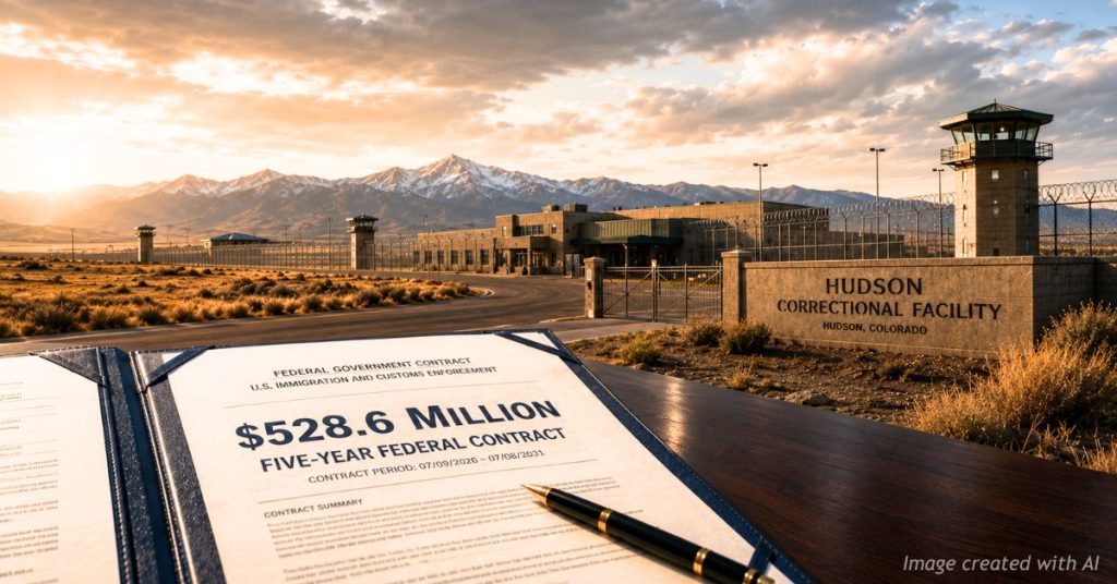 Federal contract documents displayed before the Hudson detention facility in Weld County.