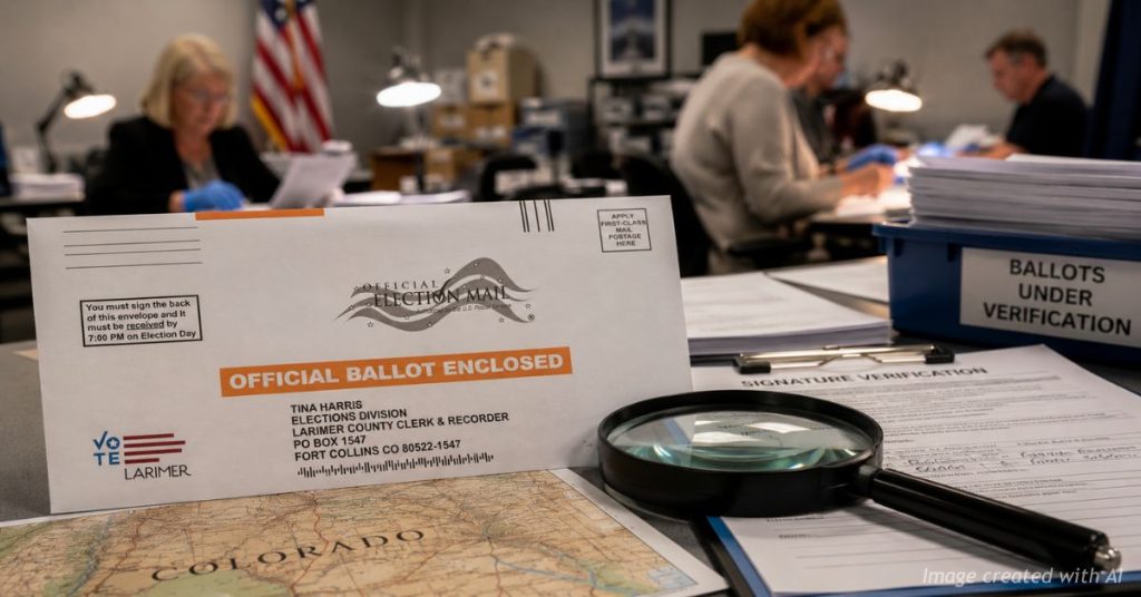 Colorado mail ballot awaiting signature verification as election workers review ballots during the post-election process.