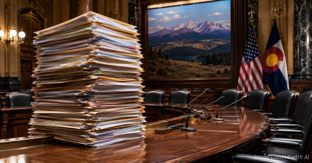 Large stack of Medicaid files dominates a legislative committee room symbolizing oversight of public spending.