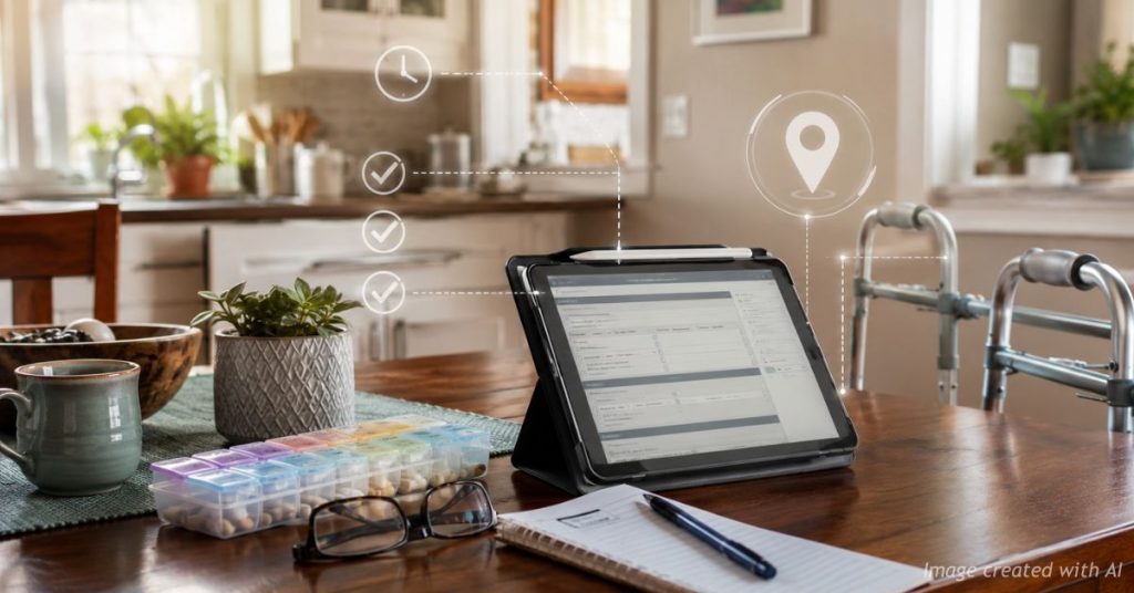 Digital verification overlay on home-care records symbolizes Medicaid documentation and payment accountability.