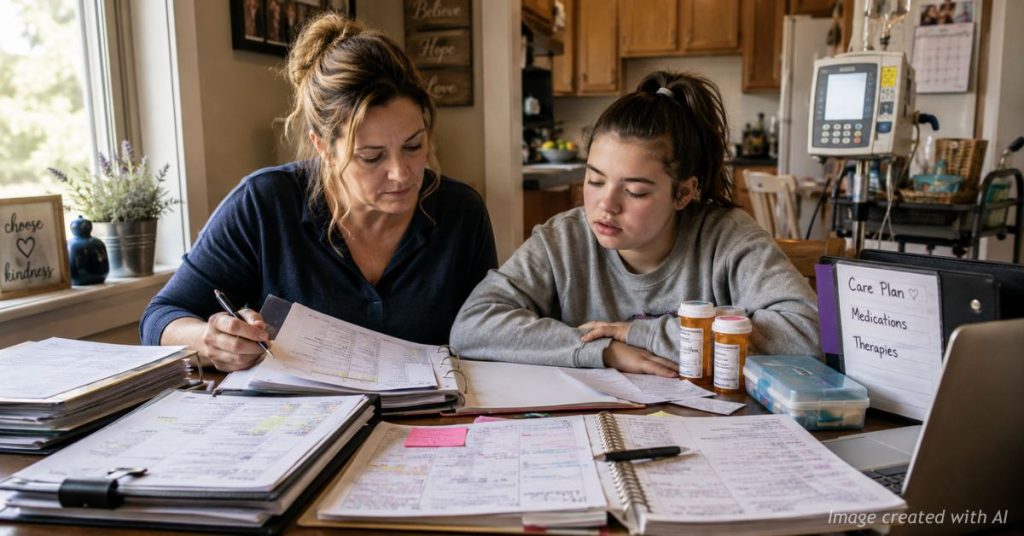 Colorado mother caring for her disabled teenage daughter while reviewing Medicaid paperwork at home.