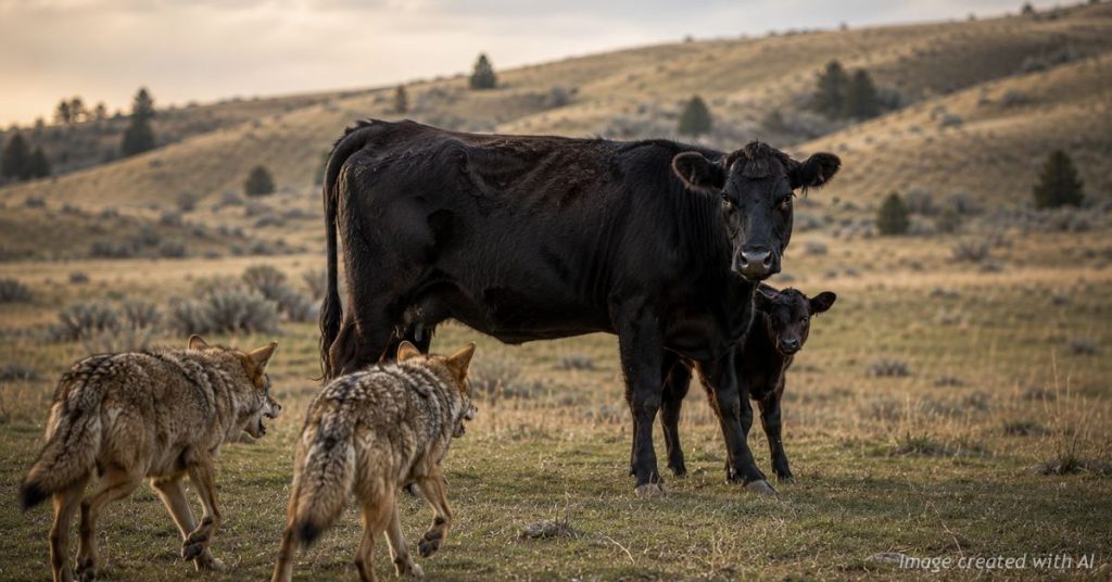 Mother cow stands protectively between her calf and two approaching coyotes on a northern Colorado ranch.