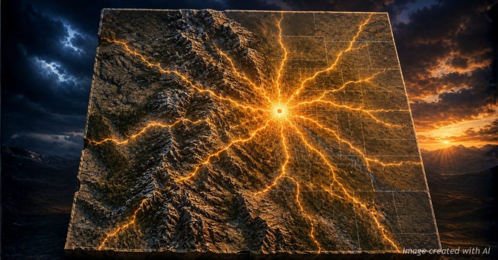 Political illustration of a fractured Colorado map symbolizing the 2026 primary election shockwaves.