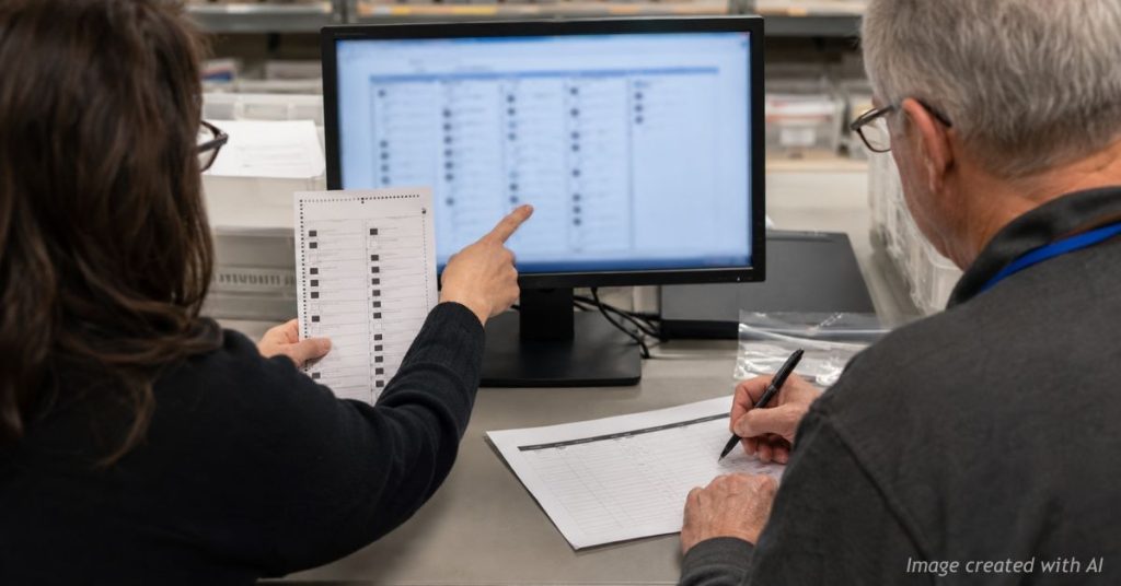 Election workers compare a paper ballot with a computer display during a post-election audit process.