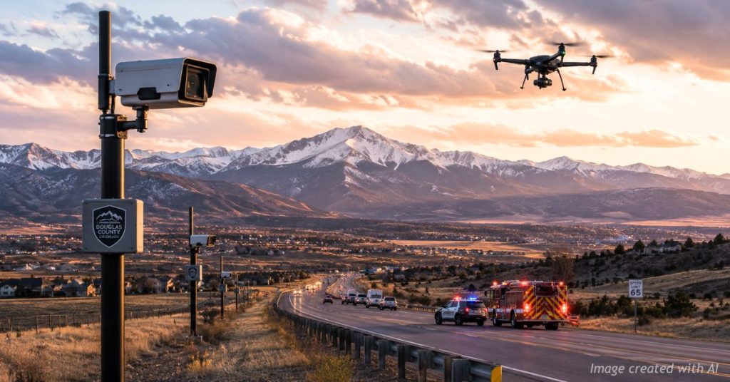 Colorado highway featuring modern public safety cameras and a response drone.