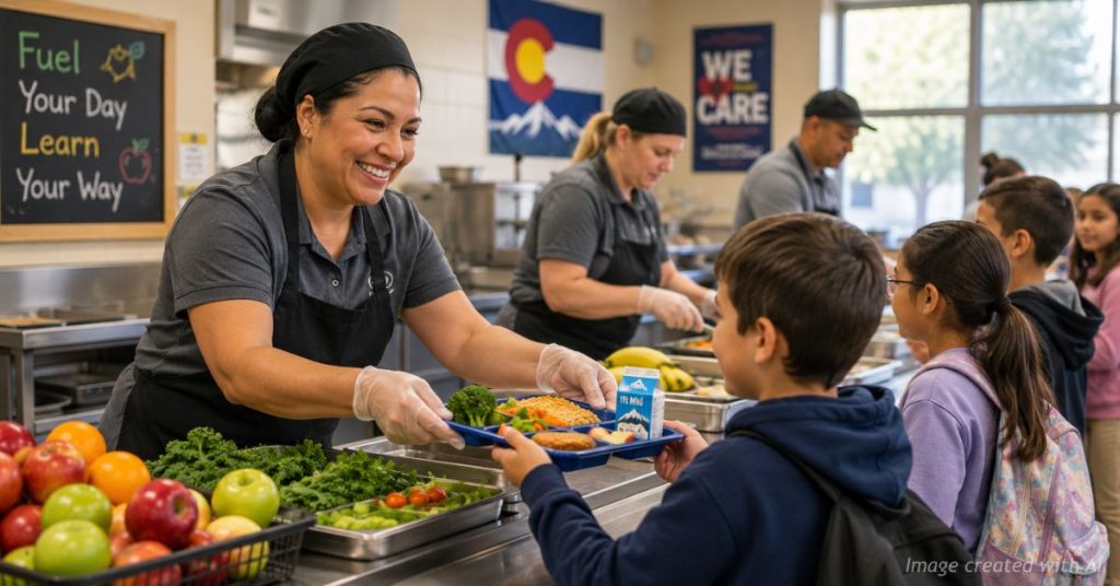 Colorado cafeteria workers serve healthy lunches to students under the state's expanded school meals program.