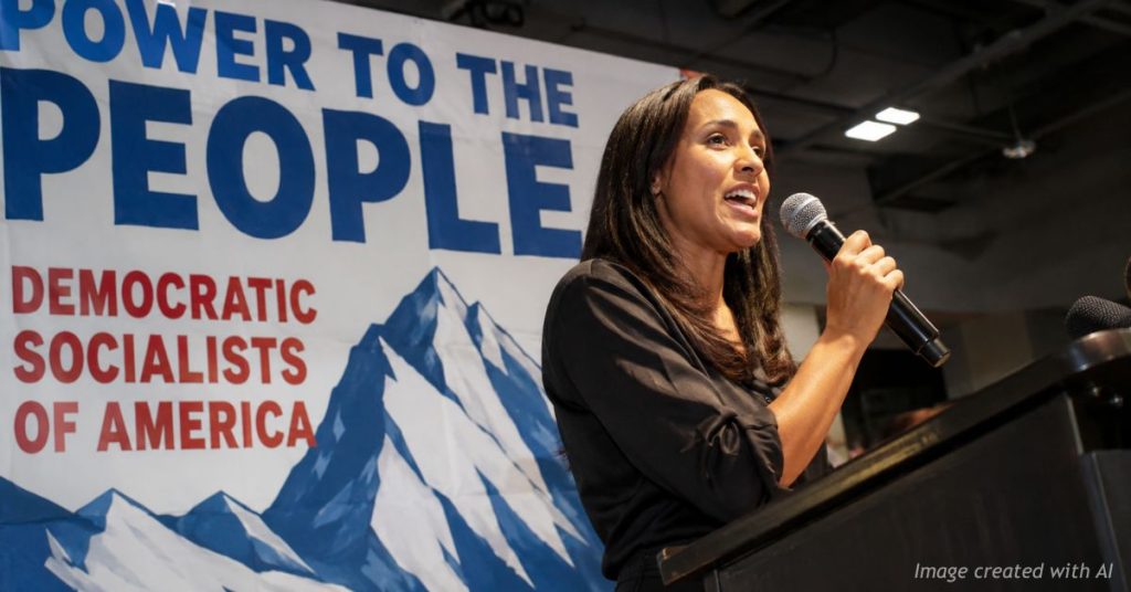 Colorado congressional nominee speaks at a rally before a prominent Democratic Socialists of America backdrop.