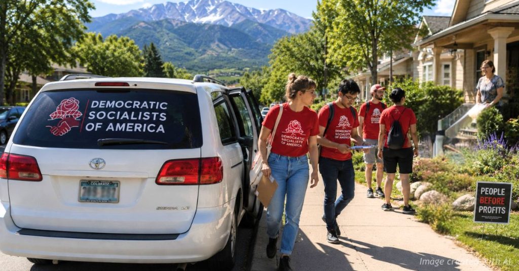 Democratic Socialists of America volunteers canvass a Colorado Springs neighborhood beneath Pikes Peak.