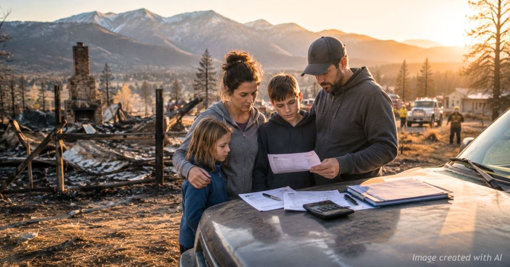 Colorado family reviews tax documents outside wildfire-damaged home during recovery.