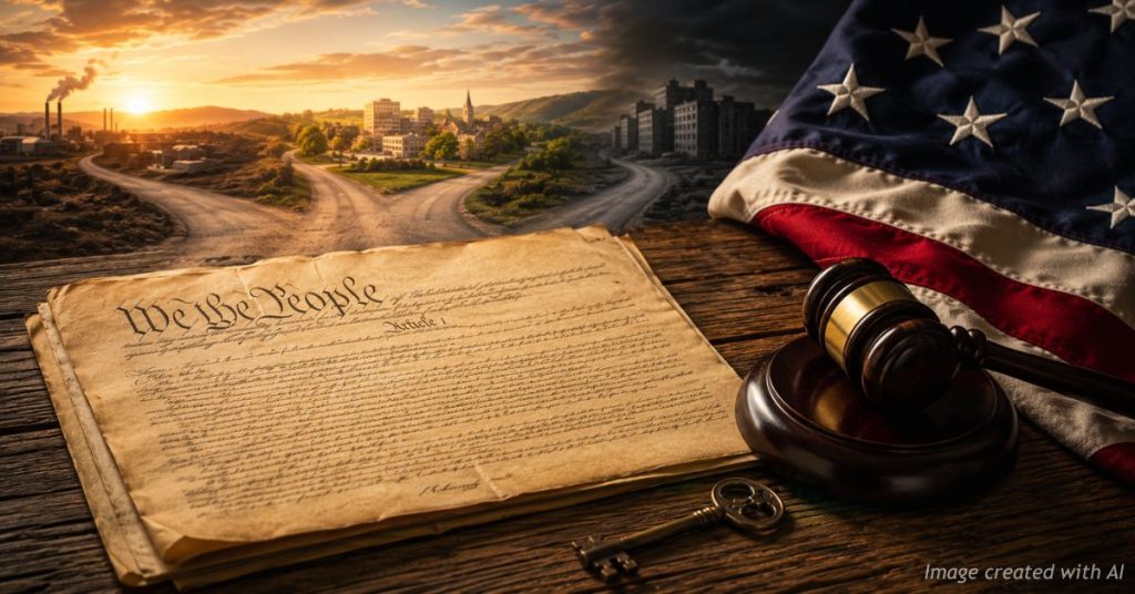 U.S. Constitution beside three symbolic roads representing competing economic paths and America's future.