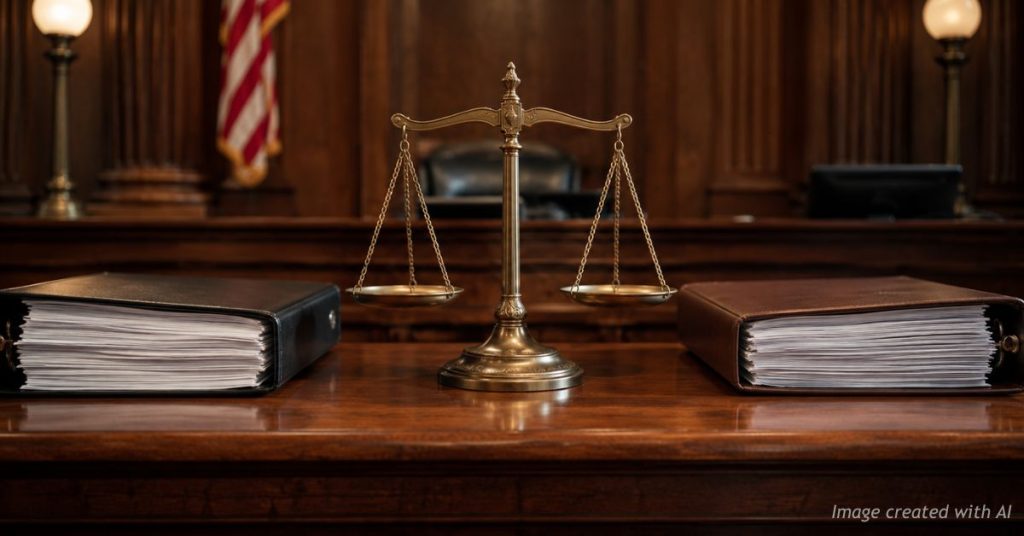 Legal briefs and scales representing competing arguments before a federal judge.