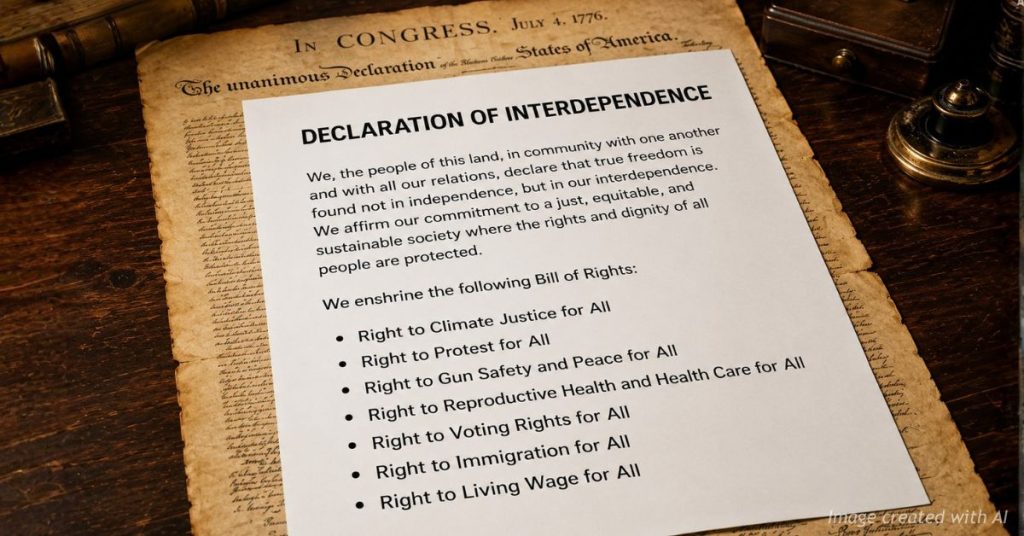 Illustration showing a modern Declaration of Interdependence placed over the historic Declaration of Independence.