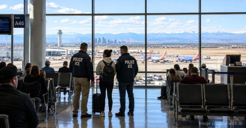 Federal immigration officers speak with a traveler inside a Denver airport terminal.