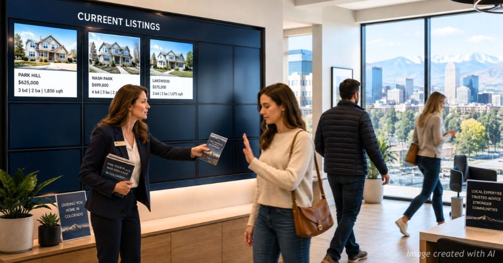 Denver real estate office with few home listings as buyers show little urgency.