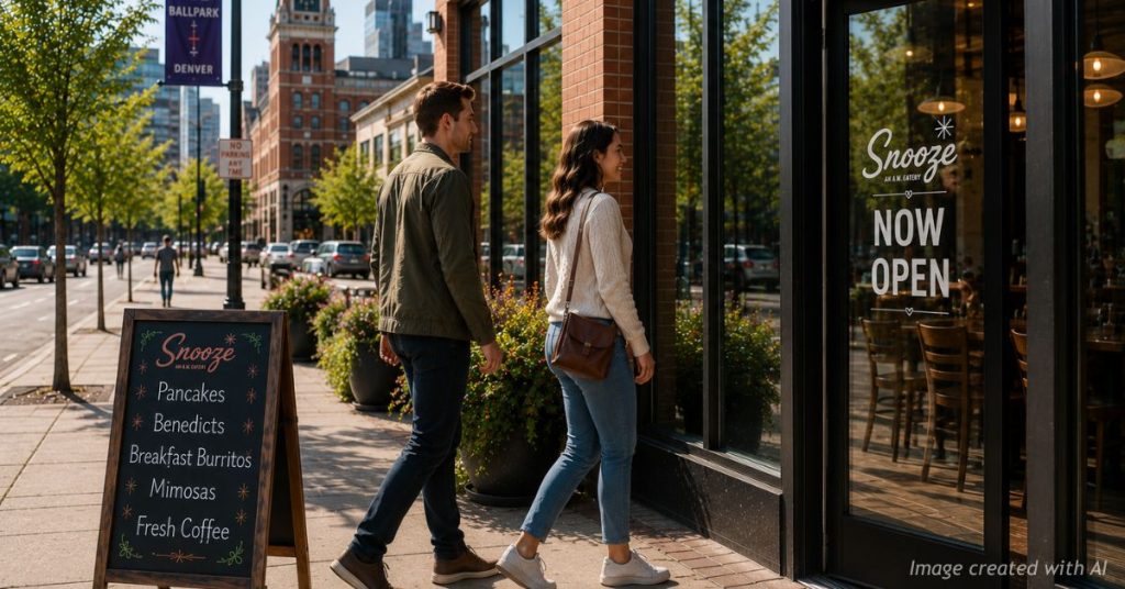 Couple approaches a downtown Denver restaurant as the city promotes business growth and economic investment.