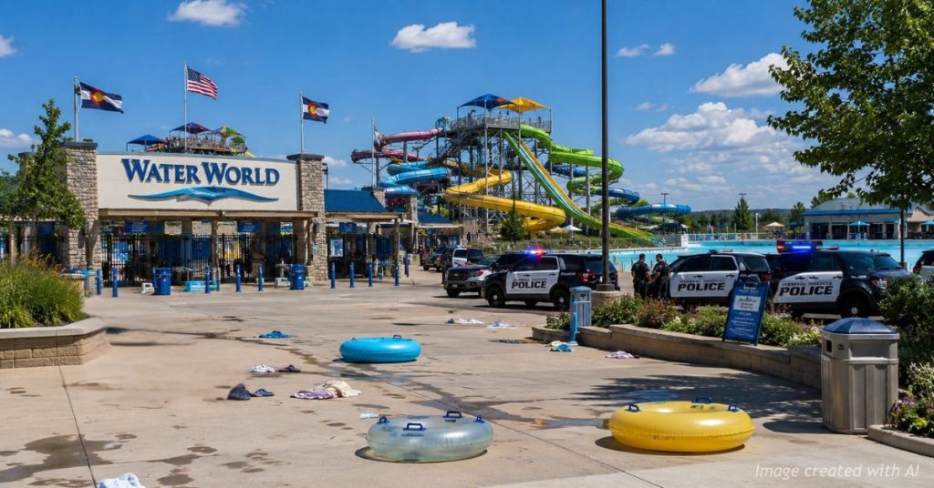 Water World in Federal Heights sits empty after a precautionary evacuation as police secure the entrance.