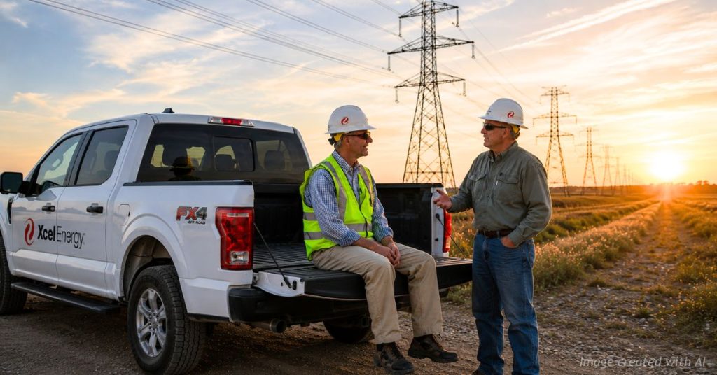 Xcel Energy workers beside a utility truck with transmission lines as Denver voters consider a new franchise agreement.