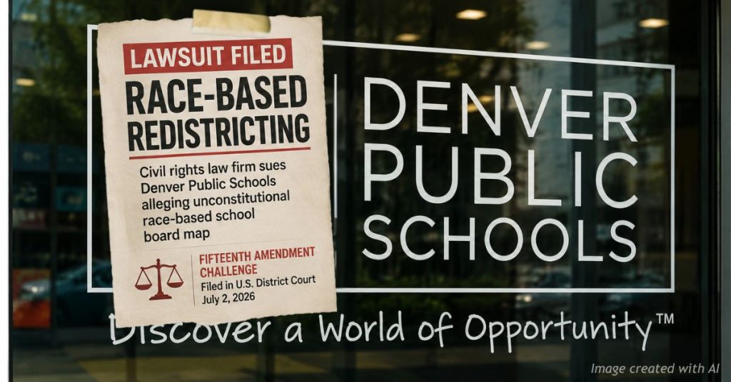 Legal notice referencing race-based redistricting lawsuit posted over a Denver Public Schools window sign.