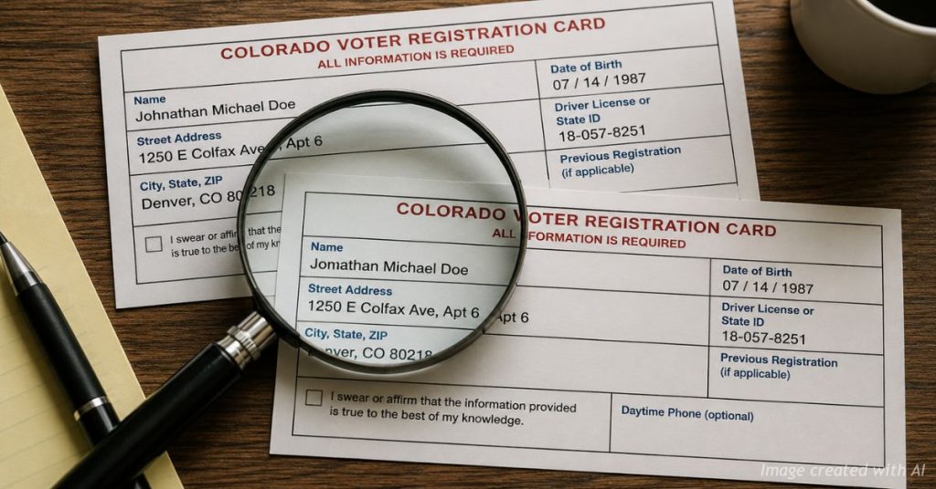 Magnifying glass over two nearly identical voter registration records representing duplicate registrations.