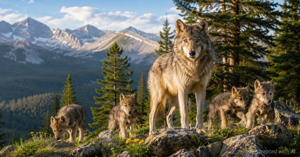 Mother gray wolf watches over four pups in Colorado's Rocky Mountains.