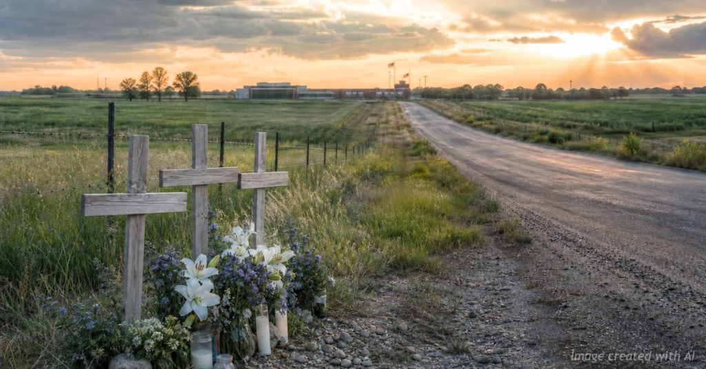 Three memorial crosses and flowers beside a rural Weld County road honor recent Eaton High School graduates killed in a crash.