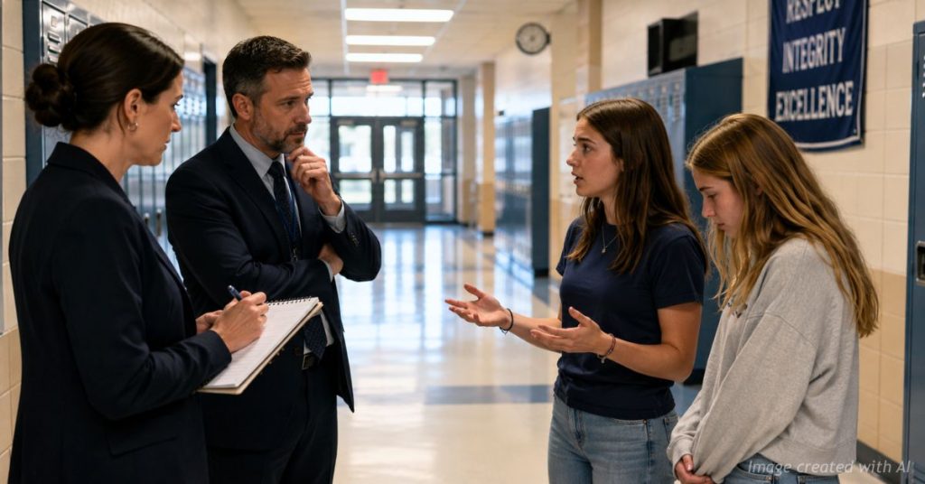 Federal investigators interview two students in a Colorado high school hallway during an editorial illustration of an Education Department probe.