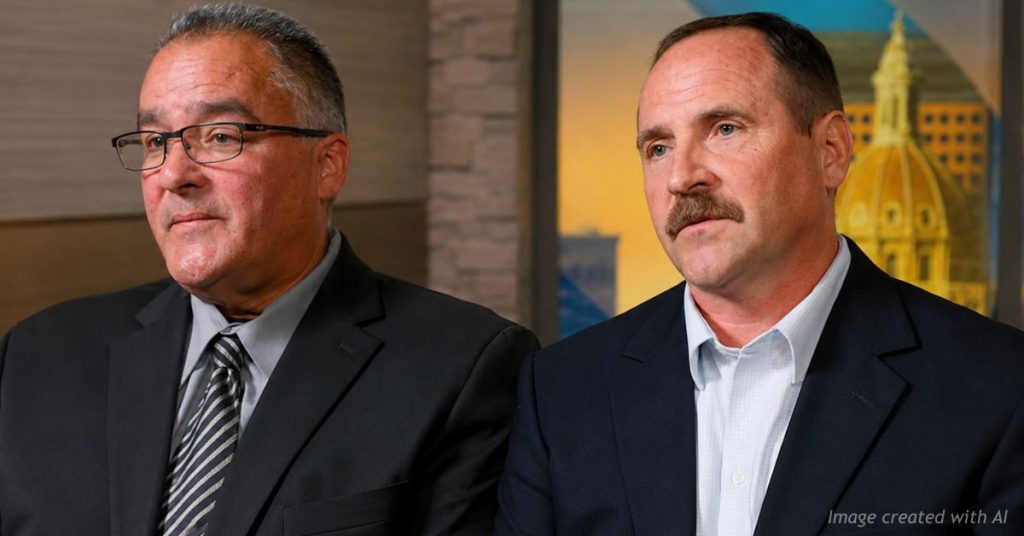 Former Federal Heights Police Chief Robert Grado and Fire Chief Marc Mahoney pose together after announcing legal action against the city.