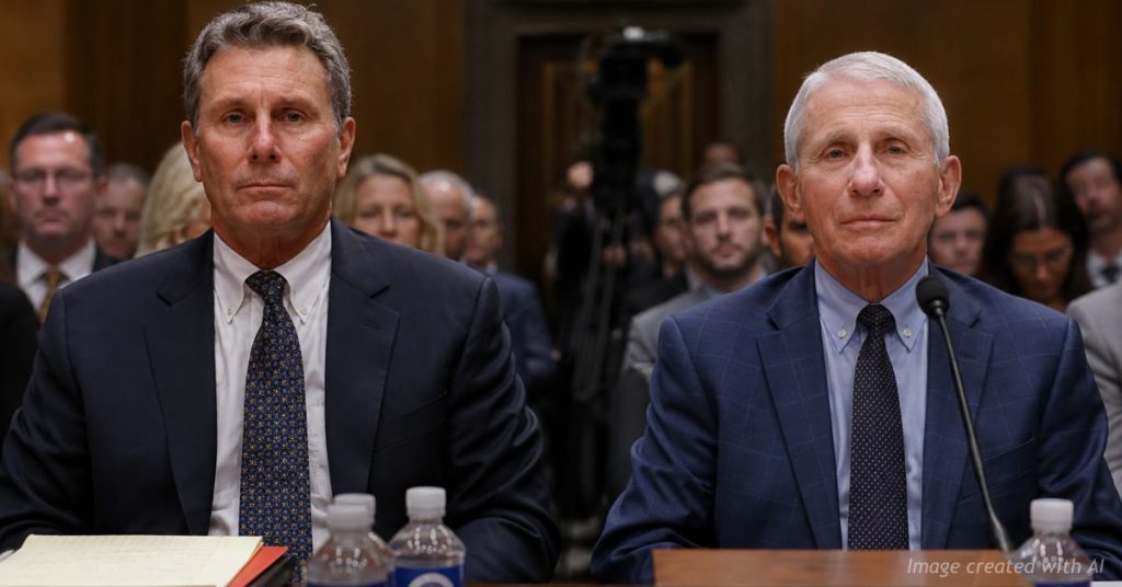 Dr. Anthony Fauci and his attorney sit silently before the Senate Homeland Security Committee during a 2026 hearing.